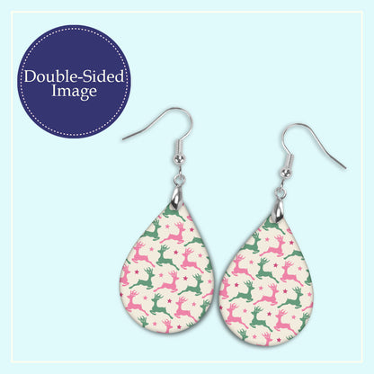 Close-up of the pink and green reindeer Christmas teardrop earrings print design