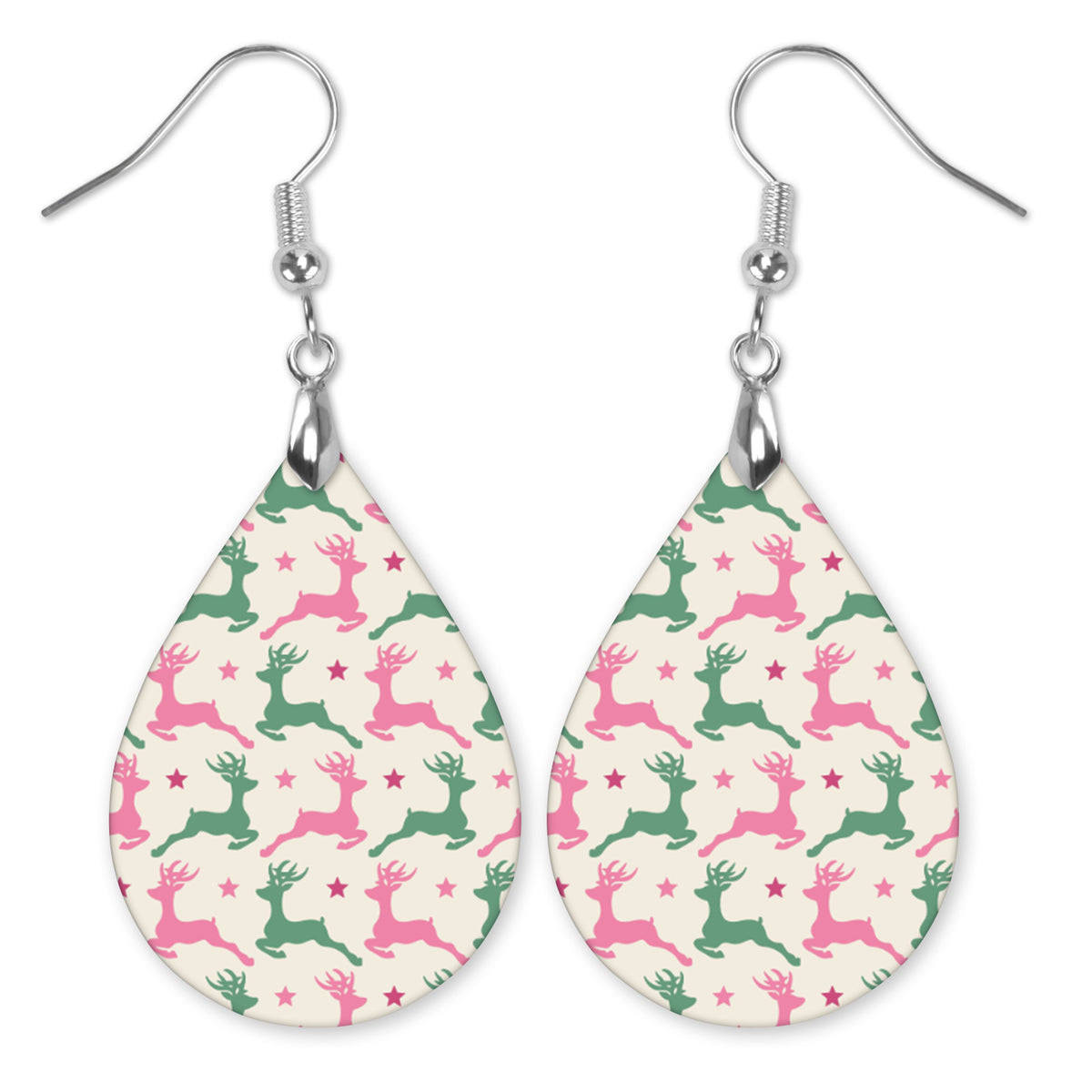 Pink and green reindeer Christmas teardrop earrings with silver-tone hooks — The Painted Pug