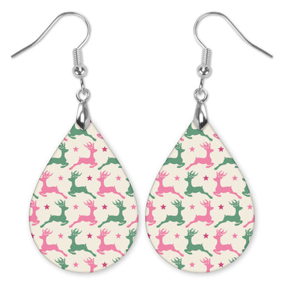 Pink and green reindeer Christmas teardrop earrings with silver-tone hooks — The Painted Pug