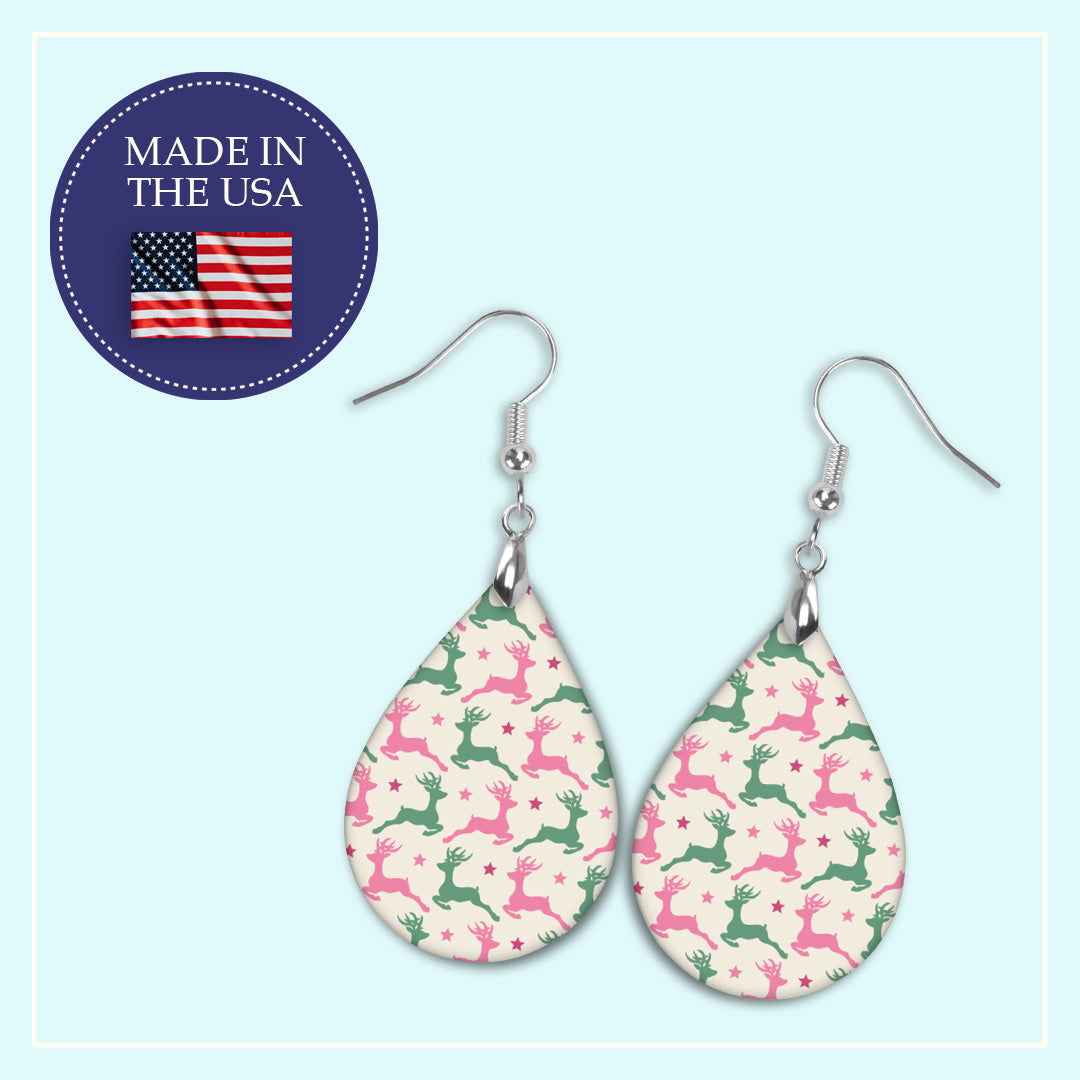 Pink and green reindeer Christmas teardrop earrings, handmade in the USA