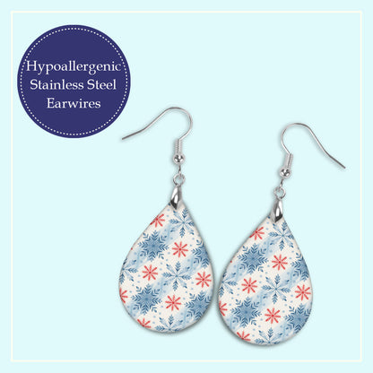 Silver-tone stainless steel earwires on the blue and red snowflake teardrop earrings