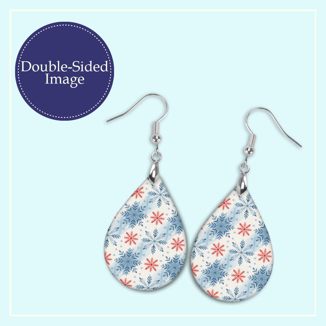 Close-up of the blue and red snowflake teardrop earrings print design