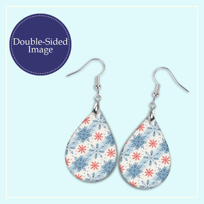 Close-up of the blue and red snowflake teardrop earrings print design