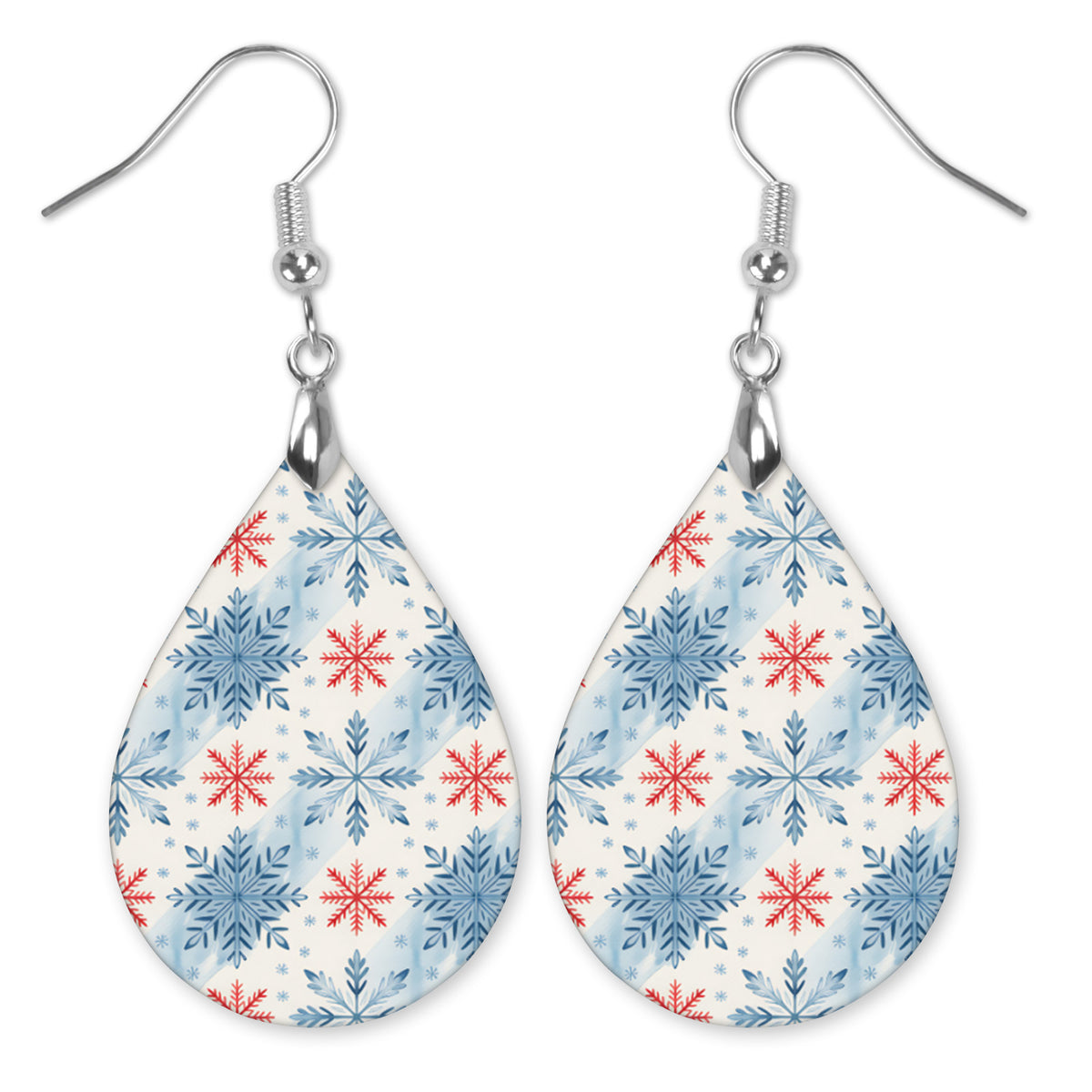 Blue and red snowflake teardrop earrings with silver-tone hooks — The Painted Pug