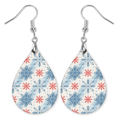 Blue and red snowflake teardrop earrings with silver-tone hooks — The Painted Pug