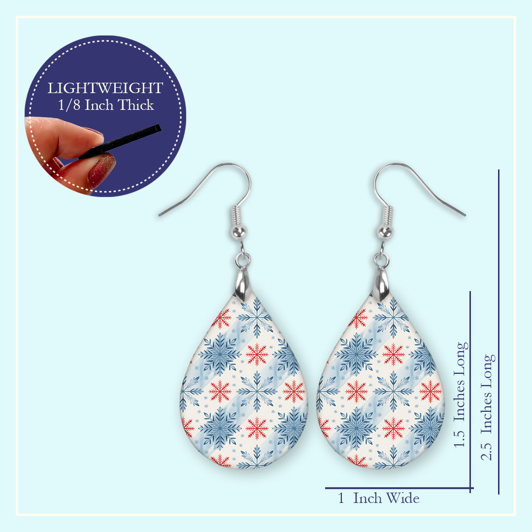 Size guide for the blue and red snowflake teardrop earrings, Large 2.25 in and Mini 1.5 in