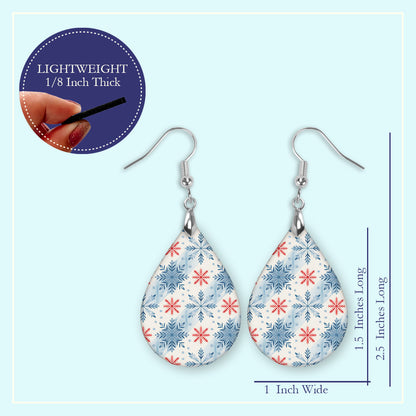 Size guide for the blue and red snowflake teardrop earrings, Large 2.25 in and Mini 1.5 in