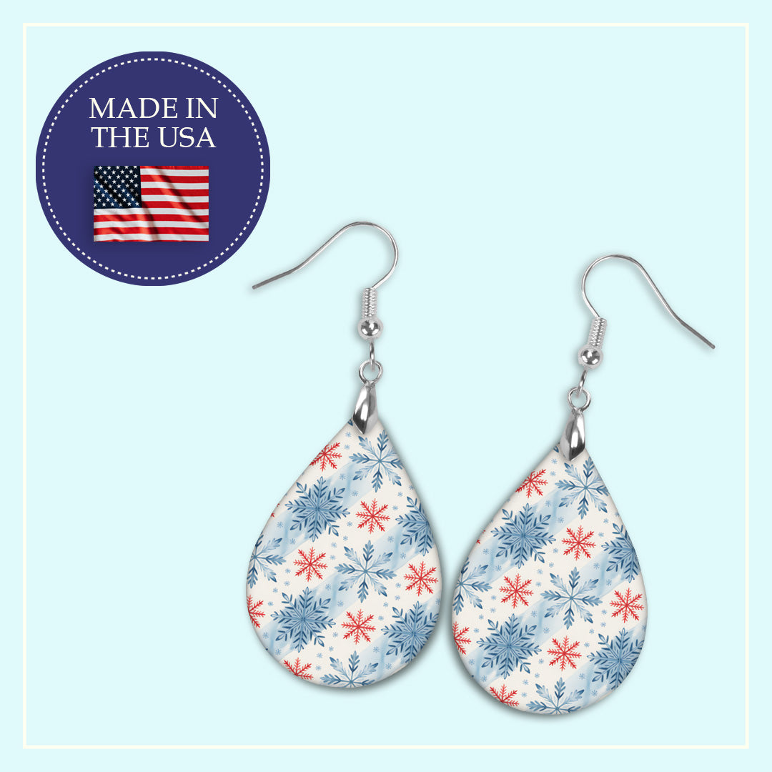Blue and red snowflake teardrop earrings, handmade in the USA