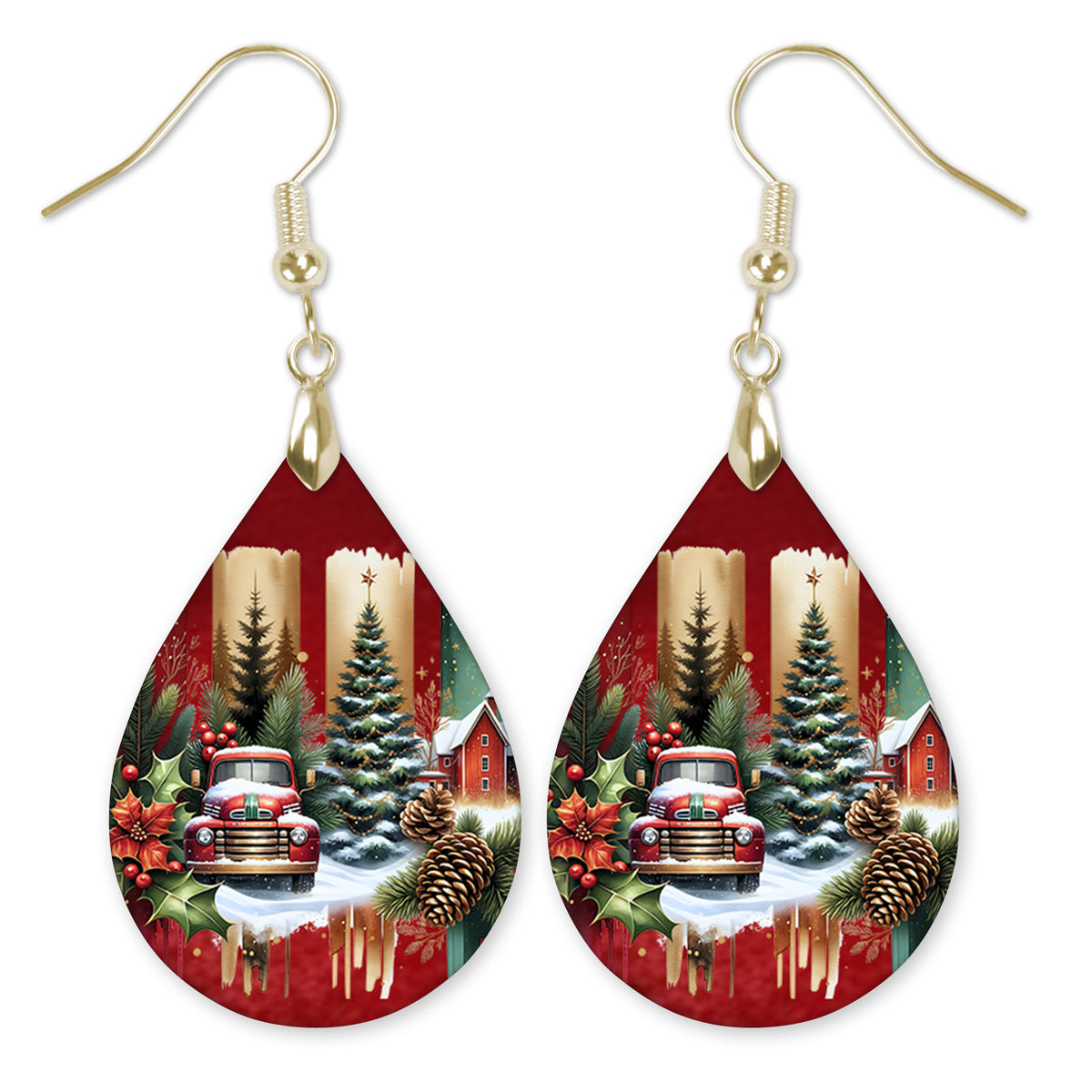 Red truck Christmas tree farmhouse teardrop earrings with gold-tone hooks — The Painted Pug