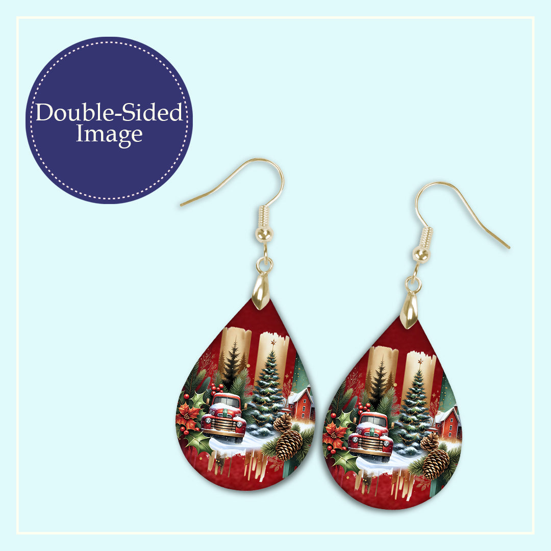 Close-up of the red truck Christmas tree farmhouse teardrop earrings print design