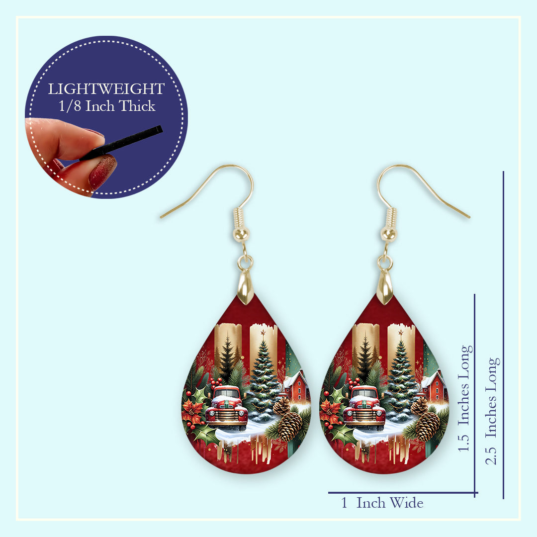 Size guide for the red truck Christmas tree farmhouse teardrop earrings, Large 2.25 in and Mini 1.5 in
