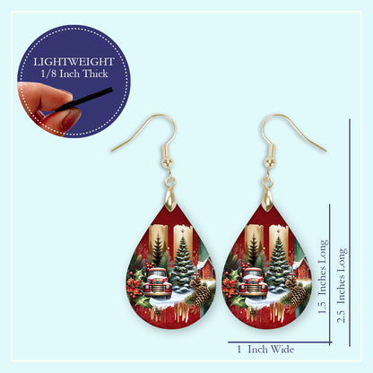 Size guide for the red truck Christmas tree farmhouse teardrop earrings, Large 2.25 in and Mini 1.5 in