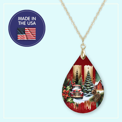 Red truck Christmas tree farmhouse teardrop earrings, handmade in the USA