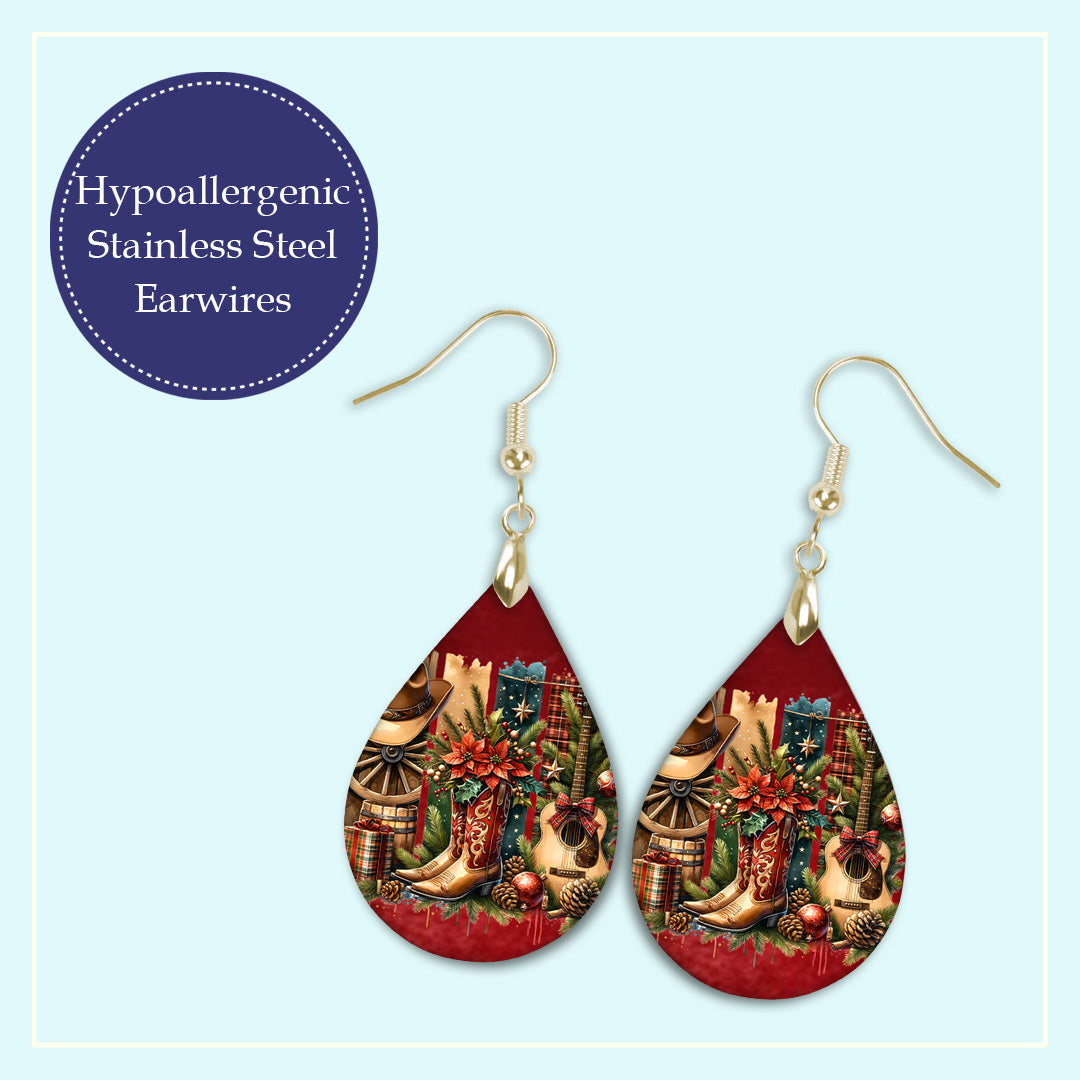 Gold-tone stainless steel earwires on the cowgirl country Christmas western teardrop earrings