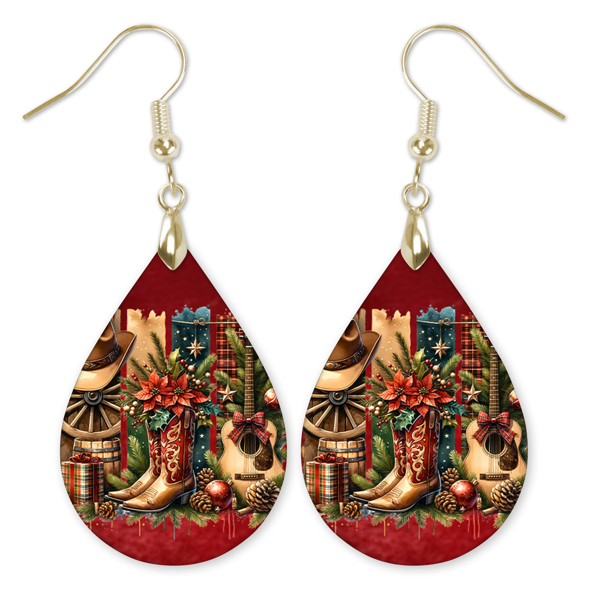 Cowgirl country Christmas western teardrop earrings with gold-tone hooks — The Painted Pug