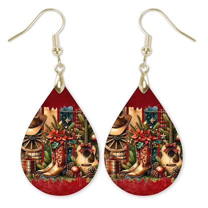 Cowgirl country Christmas western teardrop earrings with gold-tone hooks — The Painted Pug