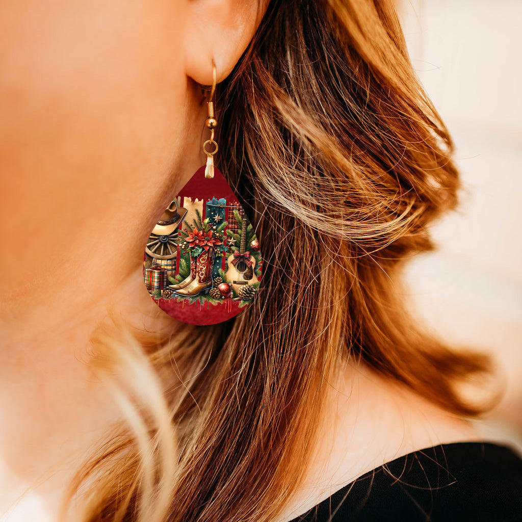 Model wearing cowgirl country Christmas western teardrop earrings