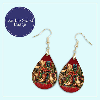 Close-up of the cowgirl country Christmas western teardrop earrings print design