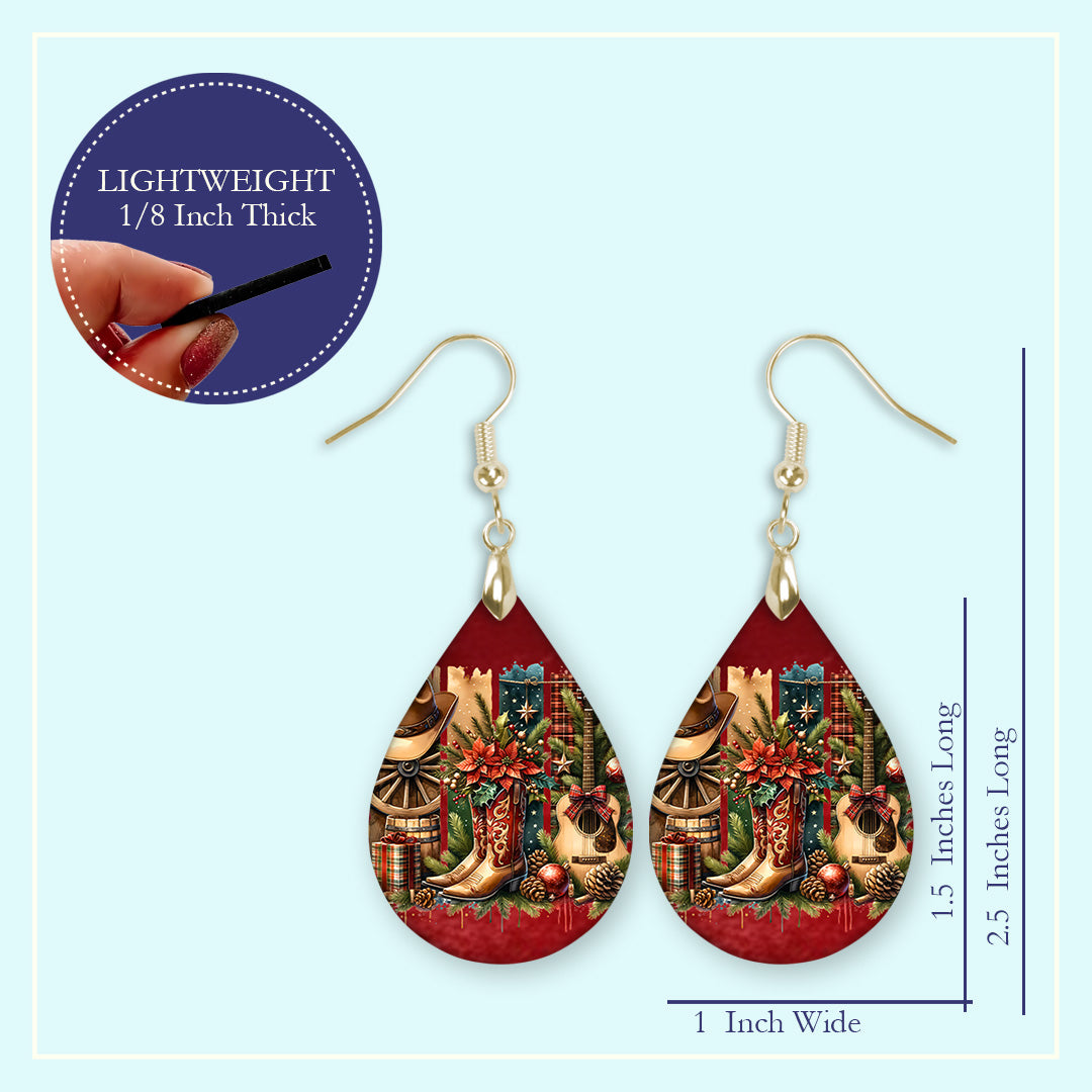 Size guide for the cowgirl country Christmas western teardrop earrings, Large 2.25 in and Mini 1.5 in