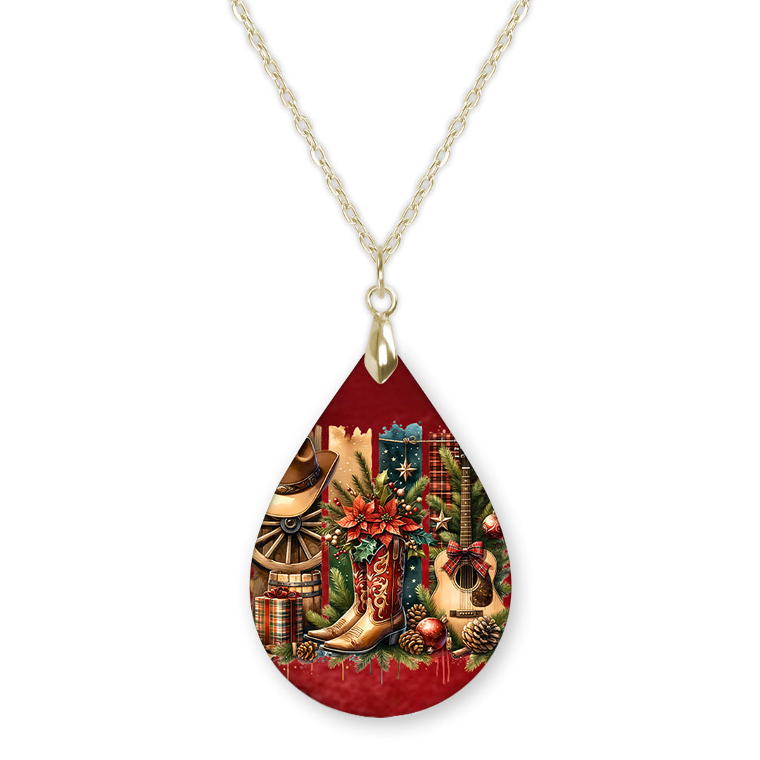 Cowgirl country Christmas teardrop pendant necklace on a gold-tone chain