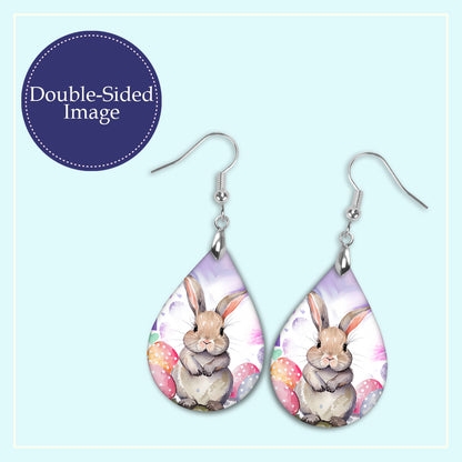 Easter Bunny Teardrop Earrings – Printed Wood Dangles in Two Sizes