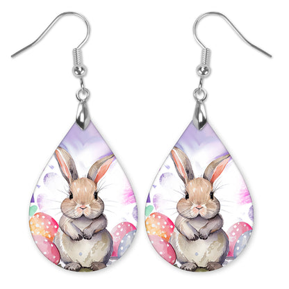 Easter Bunny Teardrop Earrings – Printed Wood Dangles in Two Sizes