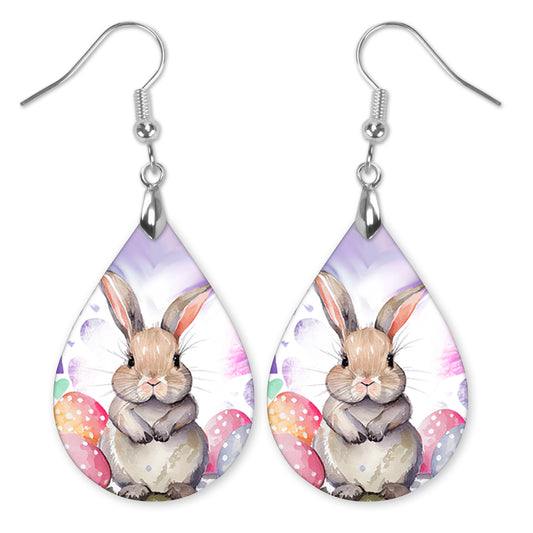Easter Bunny Teardrop Earrings – Printed Wood Dangles in Two Sizes
