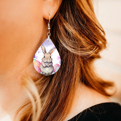 Easter Bunny Teardrop Earrings – Printed Wood Dangles in Two Sizes