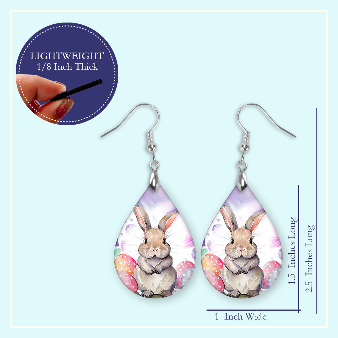 Easter Bunny Teardrop Earrings – Printed Wood Dangles in Two Sizes