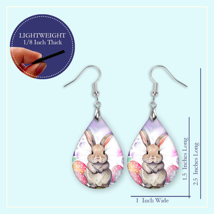Easter Bunny Teardrop Earrings – Printed Wood Dangles in Two Sizes
