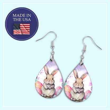 Easter Bunny Teardrop Earrings – Printed Wood Dangles in Two Sizes