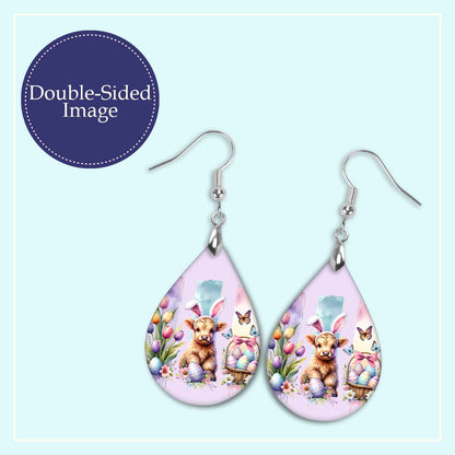 Easter Cow Teardrop Earrings Purple – Cute Highland Calf Spring Jewelry Handmade