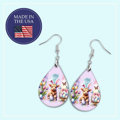 Easter Cow Teardrop Earrings Purple – Cute Highland Calf Spring Jewelry Handmade