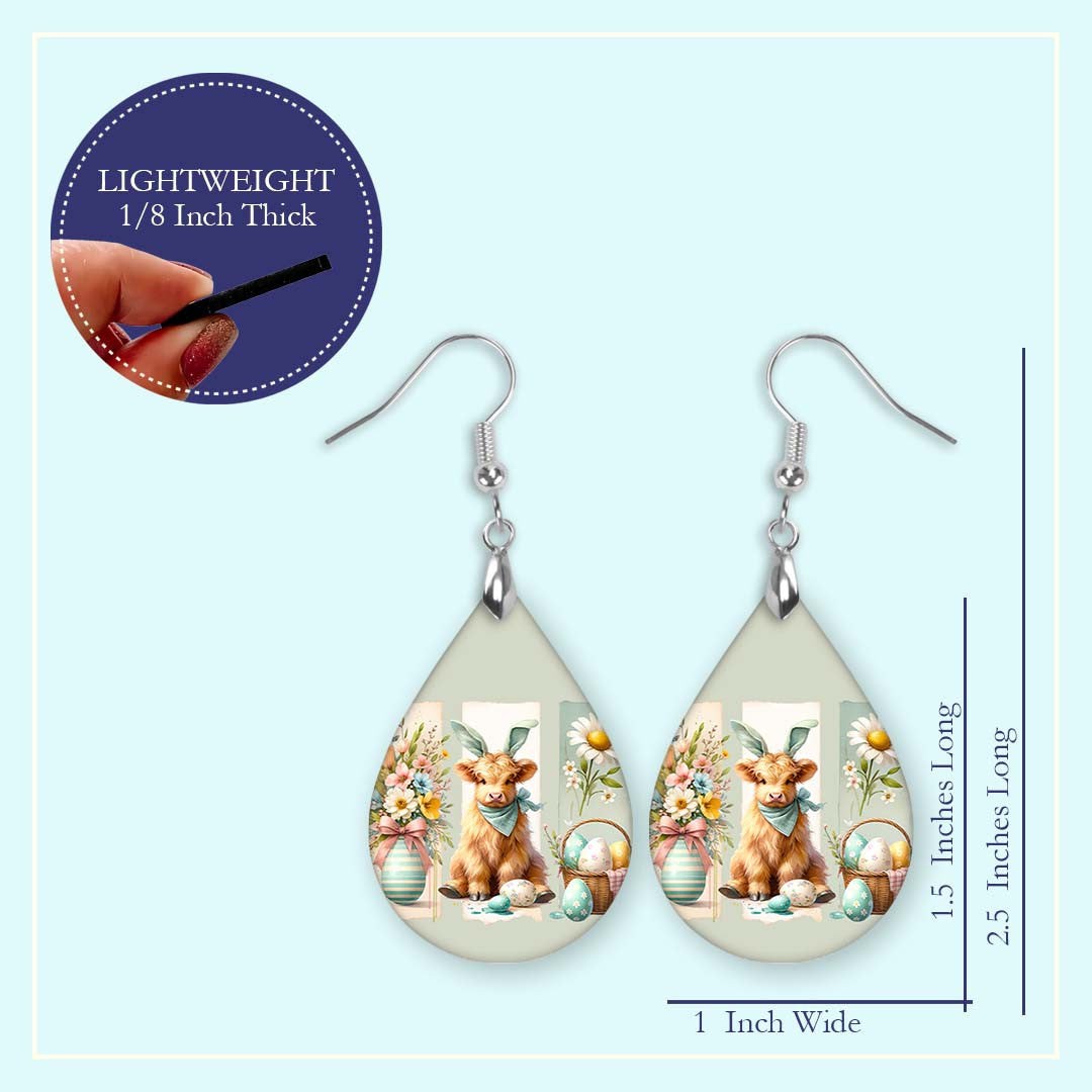 Easter Cow Teardrop Earrings – Cute Highland Calf Spring Jewelry Handmade