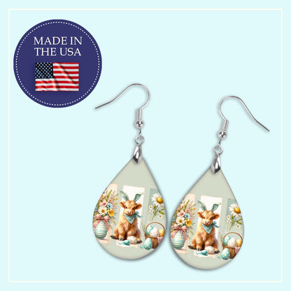 Easter Cow Teardrop Earrings – Cute Highland Calf Spring Jewelry Handmade