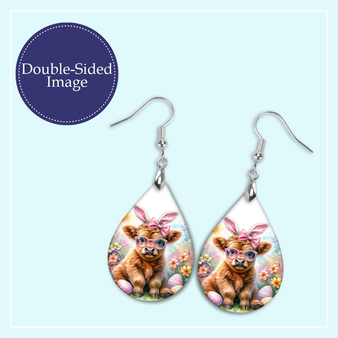 Easter Highland Cow Teardrop Earrings – Bunny Ear Cow Spring Dangle Earrings