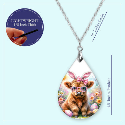 Easter Highland Cow Teardrop Earrings – Bunny Ear Cow Spring Dangle Earrings