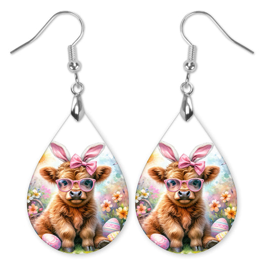 Easter Highland Cow Teardrop Earrings – Bunny Ear Cow Spring Dangle Earrings