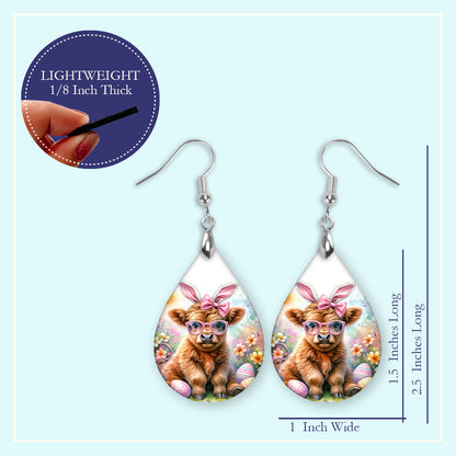 Easter Highland Cow Teardrop Earrings – Bunny Ear Cow Spring Dangle Earrings