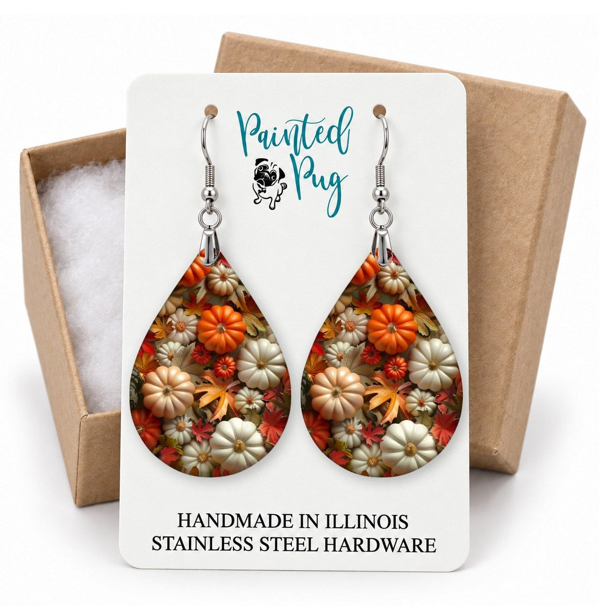 Fall Pumpkins Teardrop Earrings gift box