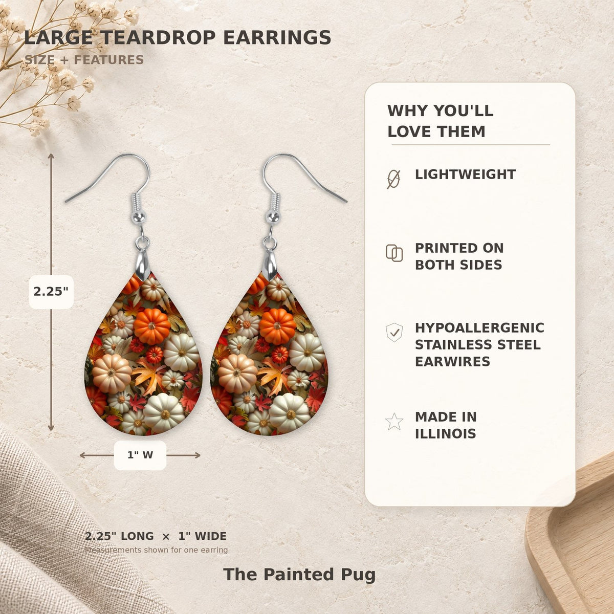 Fall Pumpkins Teardrop Earrings size guide 2.25 inch