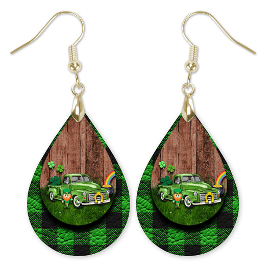 St. Patrick’s Day Truck Teardrop Earrings – Green Four-Leaf Clover Leprechaun Dangle Earrings