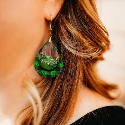 St. Patrick’s Day Truck Teardrop Earrings – Green Four-Leaf Clover Leprechaun Dangle Earrings