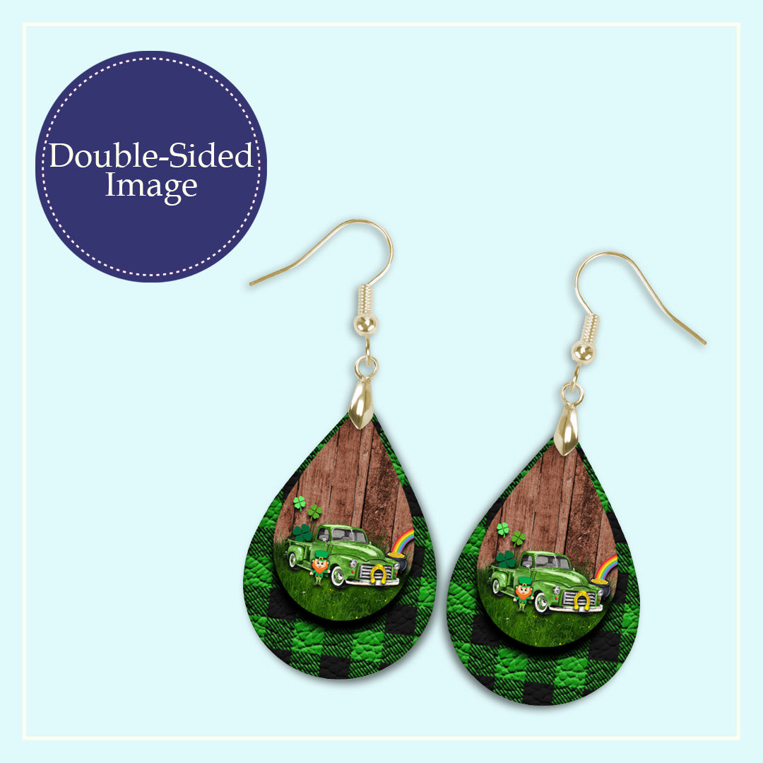 St. Patrick’s Day Truck Teardrop Earrings – Green Four-Leaf Clover Leprechaun Dangle Earrings