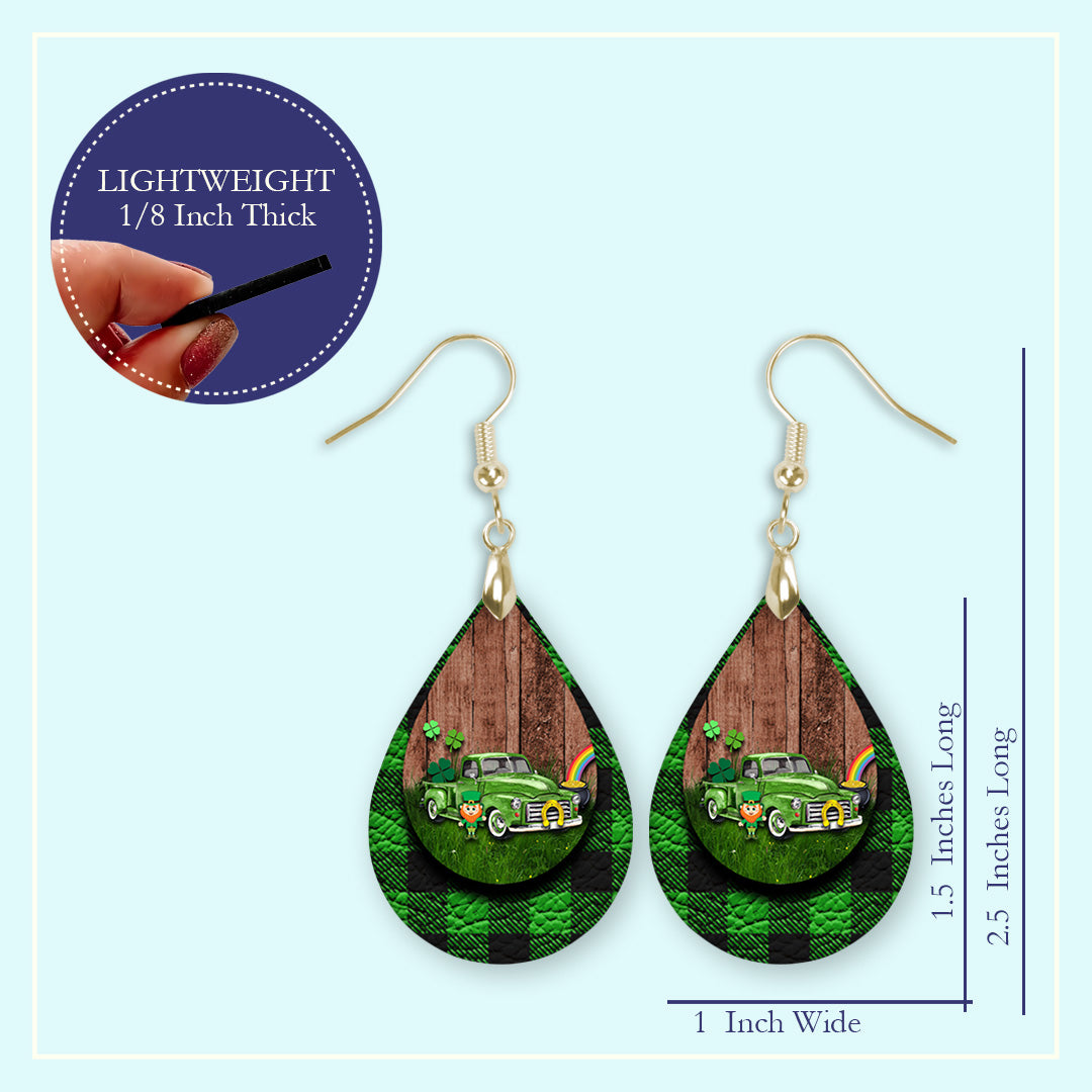 St. Patrick’s Day Truck Teardrop Earrings – Green Four-Leaf Clover Leprechaun Dangle Earrings