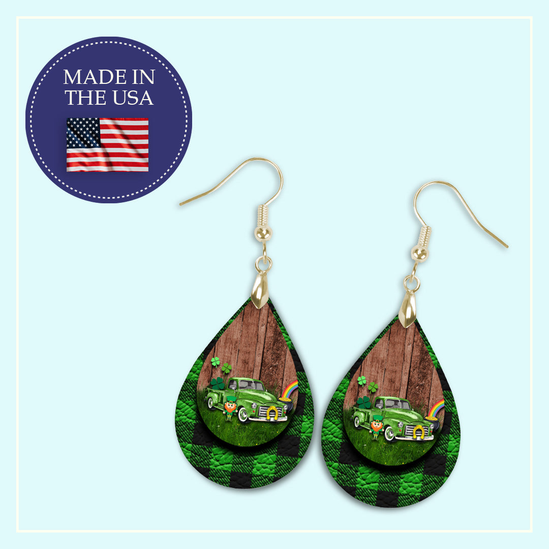 St. Patrick’s Day Truck Teardrop Earrings – Green Four-Leaf Clover Leprechaun Dangle Earrings