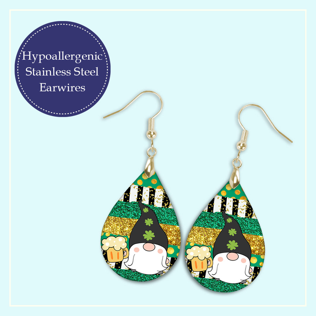 St. Patrick’s Day Gnome Teardrop Earrings – Green Leprechaun Beer Dangle Earrings