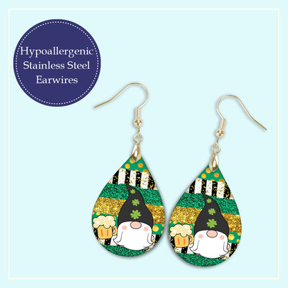 St. Patrick’s Day Gnome Teardrop Earrings – Green Leprechaun Beer Dangle Earrings