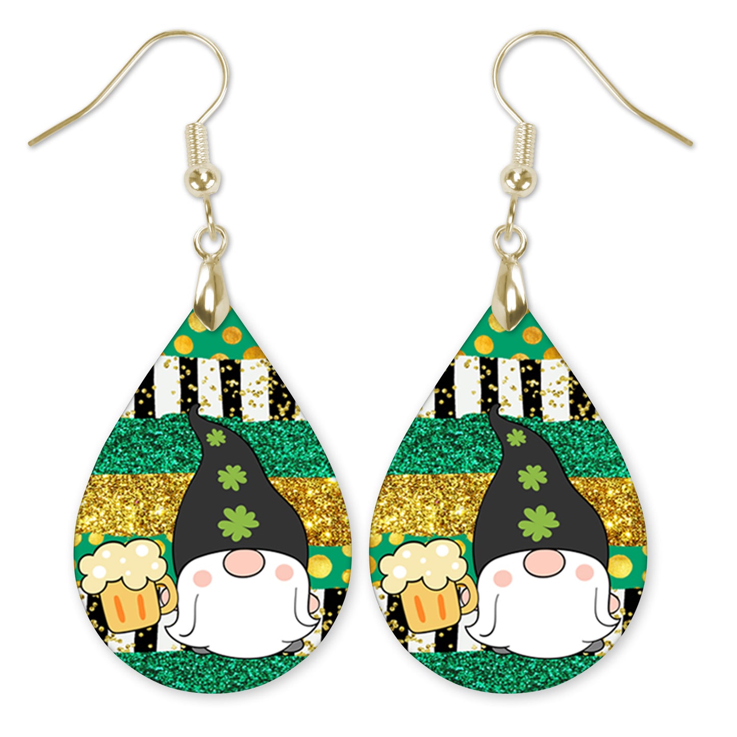 St. Patrick’s Day Gnome Teardrop Earrings – Green Leprechaun Beer Dangle Earrings