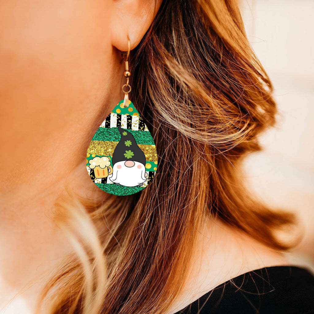 St. Patrick’s Day Gnome Teardrop Earrings – Green Leprechaun Beer Dangle Earrings